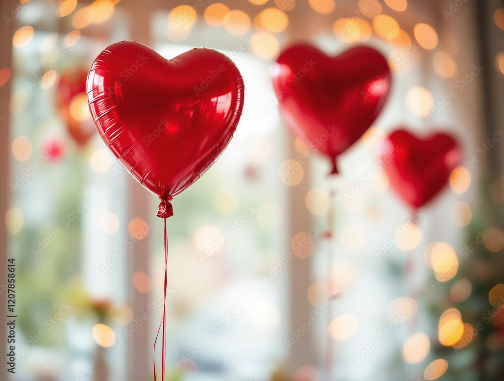 Poster red heart-shaped balloons floating in the air, likely as a decorative setup for a celebration or eve