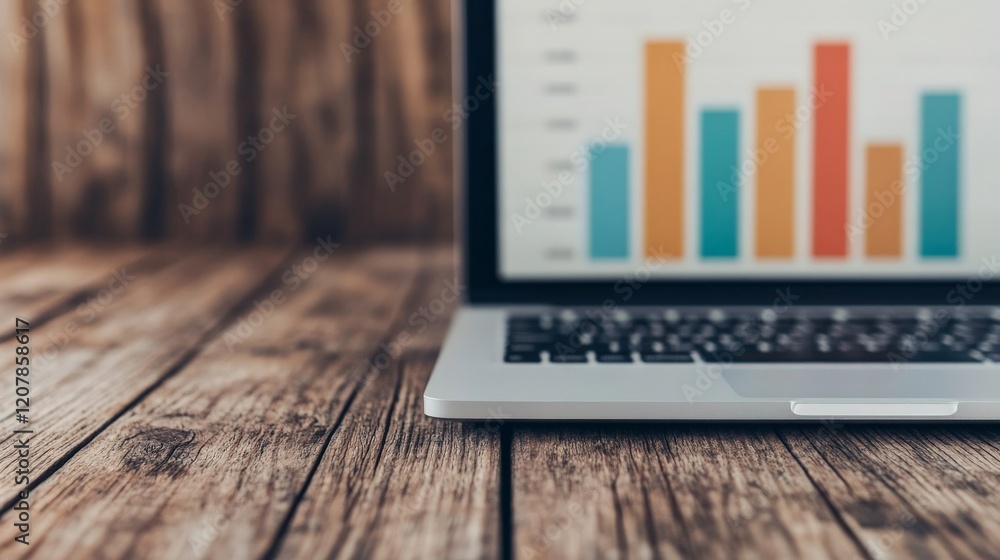 Poster laptop with bar chart data: a sleek, silver laptop displaying a colorful bar chart on a wooden surfa