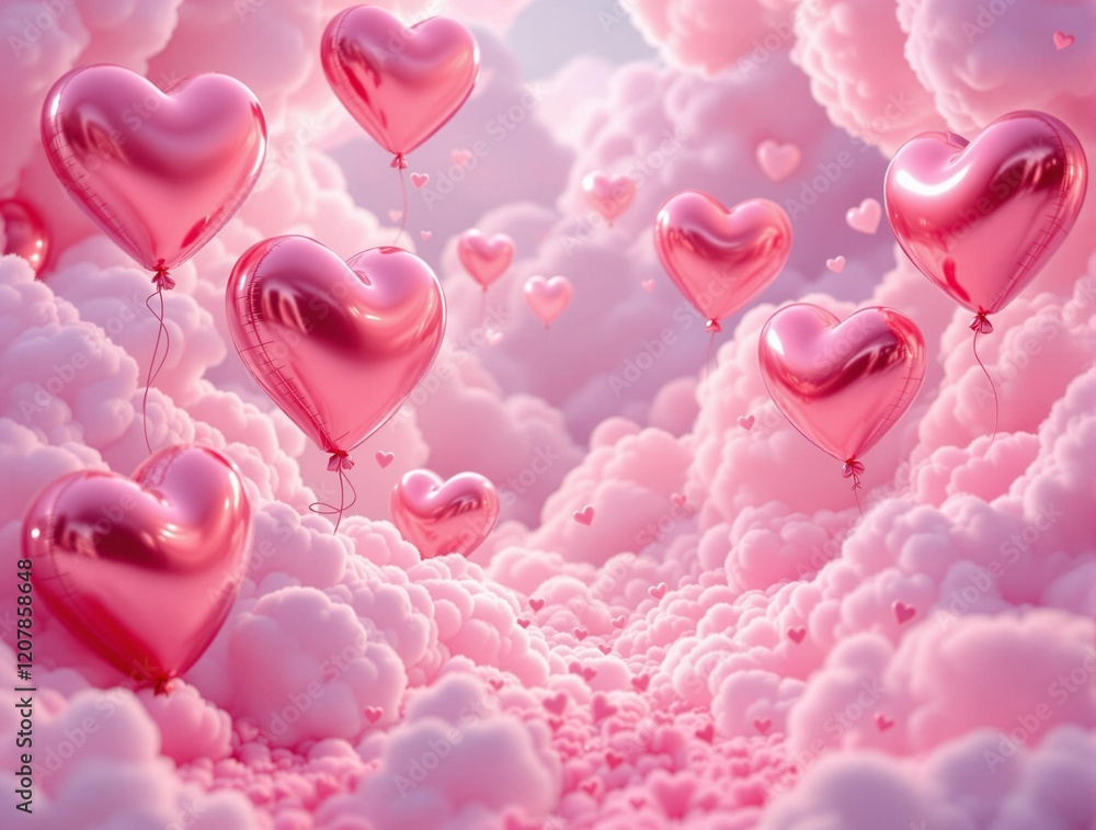 Poster a romantic scene with pink heart-shaped balloons floating amidst fluffy, light pink clouds, creating
