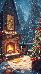 Fototapeta premium A cozy winter scene featuring a decorated Christmas tree and a warm fireplace.