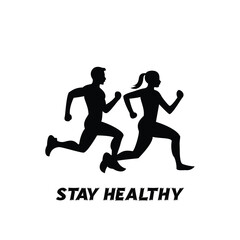Silhouette of two people running together with the motivational text stay healthy below the image
