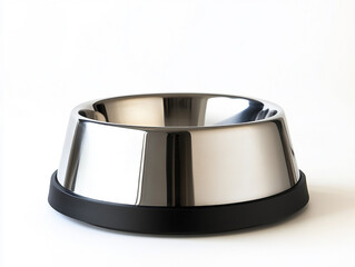 stainless steel dog bowl with a black rubber base, isolated on a white background