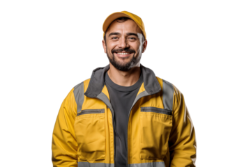 Portrait of a smiling manufacture worker wearing a hat, isolated on transparent background