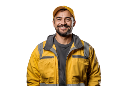 Portrait of a smiling manufacture worker wearing a hat, isolated on transparent background