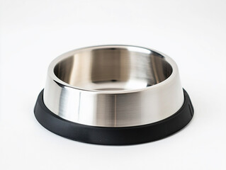 stainless steel dog bowl with a black rubber base, isolated on a white background