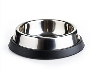 stainless steel dog bowl with a black rubber base, isolated on a white background