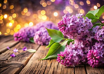 Fototapeta premium Lilac Blossoms Vintage Wooden Background Bokeh