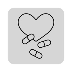 Simple line icon of heart symbol with pills scattered around it. Health, wellness, and medication concept