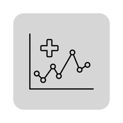 Simple line icon of medical chart showing data trends with positive slope. Health metrics analyzed across timeline, suggesting growth