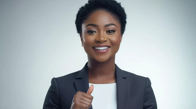 Confident businesswoman showing thumbs up, expressing success and positivity
