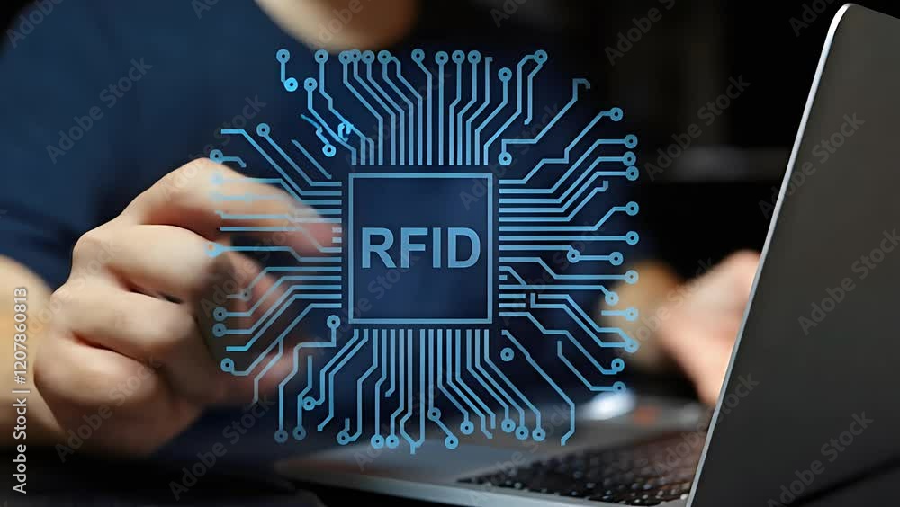Aufkleber RFID Technology: Secure Data & Enhanced Computing - Man Interacting with Virtual RFID System. Innovative concept showcasing electronic data storage   