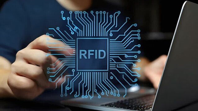 RFID Technology: Secure Data & Enhanced Computing - Man Interacting with Virtual RFID System. Innovative concept showcasing electronic data storage   