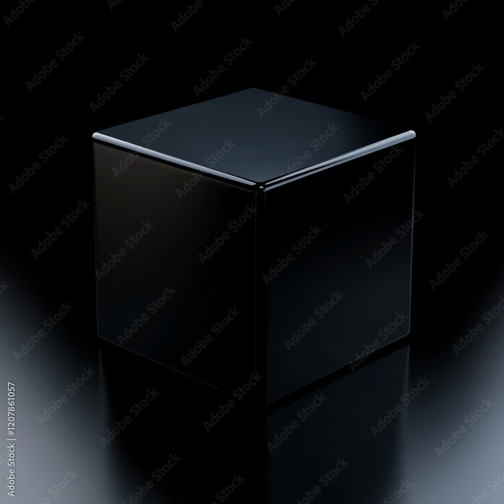 Poster black glossy cube product podium display with smooth surface isolated on dark background