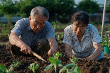Fototapeta premium An elderly couple is seen gardening together, cultivating plants in rich soil, showcasing a strong bond and connection with nature while working harmoniously together.
