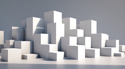 Minimalist geometric digital design with staggered white 3D cubes on a light gray background. Monochromatic color scheme, subtle shadows, clean, and modern style.