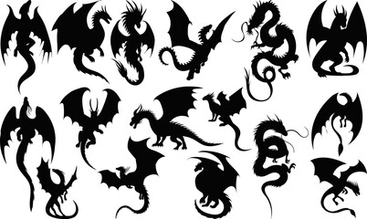 dragons in different poses silhouette set, vector collection © zolotons
