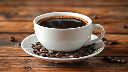 Obraz premium Steaming coffee cup, wooden table, beans, background