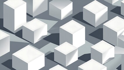 Obraz premium Minimalist geometric digital design with staggered white 3D cubes on a light gray background. Monochromatic color scheme, subtle shadows, clean, and modern style.