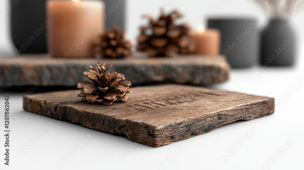 Poster rustic wooden block with natural pine cone displayed on soft background evoking calmness and organic