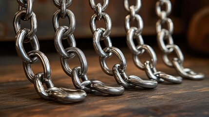 Fototapeta premium Steel chains workshop detail, wood background