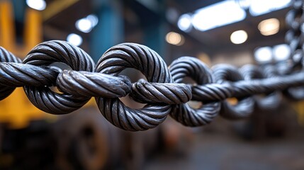 Steel wire rope links in factory background