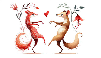 Childlike Valentine's day card in watercolor style. Dancing couple in love, cute dancing animals in love, flowers and hearts
