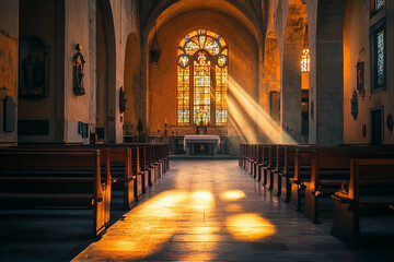 Fototapeta premium Sunlight streams through the tall windows, casting long shadows and creating an atmosphere of serenity and hope in the church's