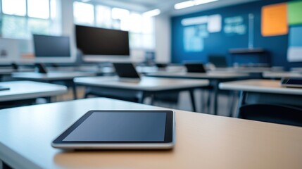 Naklejka premium Modern Classroom Technology: Tablets and Desktops in a Tech-Equipped School