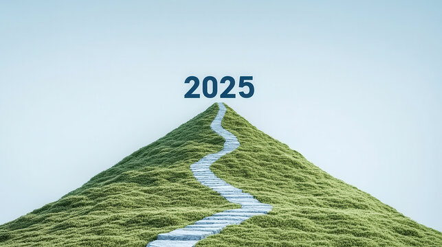 winding path leads to distant peak marked 2025 with new challenges in the business year 2025 concept