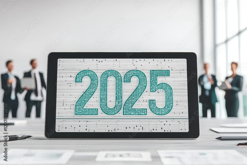 Poster digital tablet displaying 2025 in modern office setting with new challenges in the business year 202