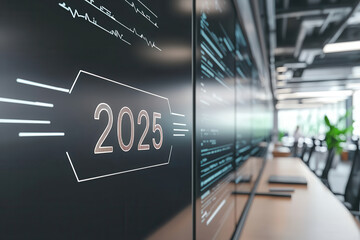 High tech office space with digital displays showing 2025 with new challenges in the business year 2025 concept