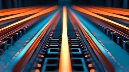 A vibrant, abstract image showcasing parallel lines of light in blue and orange hues, creating a dynamic, futuristic visual effect.