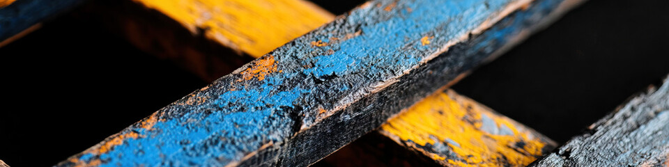 Fototapeta premium Close-up of Intersecting Weathered Wooden Beams with Chipped Blue and Yellow Paint