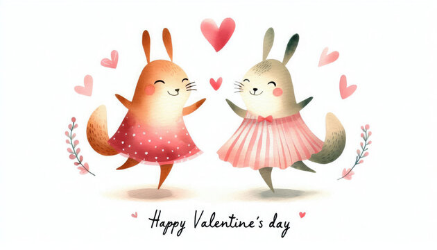 Childlike Valentine's day card in watercolor style. Dancing couple in love, cute dancing animals in love, flowers and hearts
