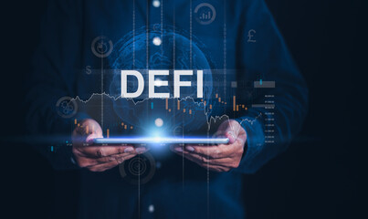 A businessman holds a tablet displaying the word 