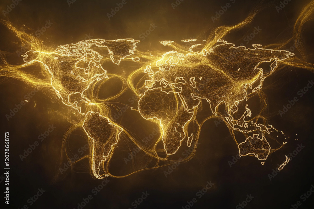 Poster abstract world map with glowing lines light technology