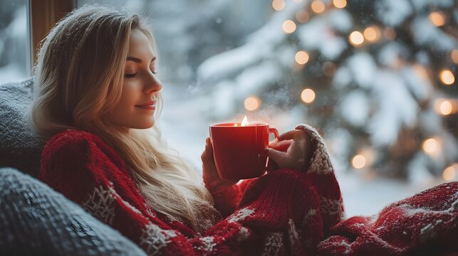 Cozy woman in a red sweater enjoying a warm drink by the window in winter.