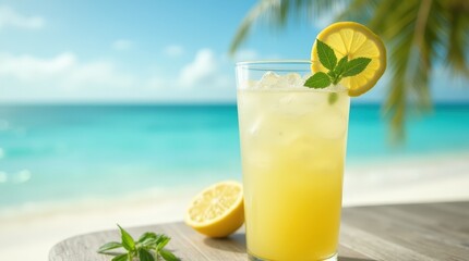 Fototapeta premium Refreshing Bahamian water lemonade in a tropical beach setting