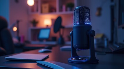 High-tech microphone with internal LED lighting in a modern workspace