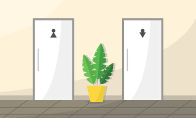 Entrance to a public toilet. Male and female. Interior of the corridor with a plant.
