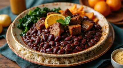 Delicious feijoada served in a large bowl with rice and fresh fruits