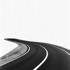 Winding asphalt road curves gently on a hill against a bright white sky.