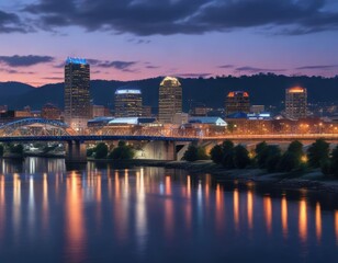 Blue hour lights up the Chattanooga skyline at sunset , urban scene, city lights, soft light