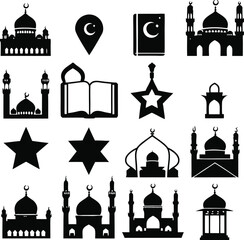 a collection of simple, black silhouette icons, representing Islamic symbols and mosques.
