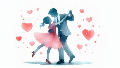 Childlike Valentine's day card in watercolor style. Dancing couple in love, cute dancing animals in love, flowers and hearts