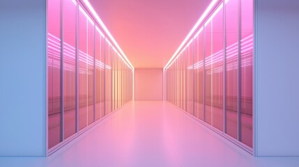 A modern corridor featuring glass walls and vibrant pink lighting, creating a futuristic and inviting atmosphere.