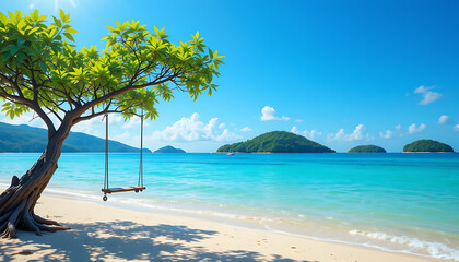 Tranquil Tropical Beach with Swing and Crystal-Clear Water: Perfect Paradise