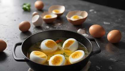 Boiled eggs floating on the surface of the saucepan's liquid , savory dish, boiled chicken eggs