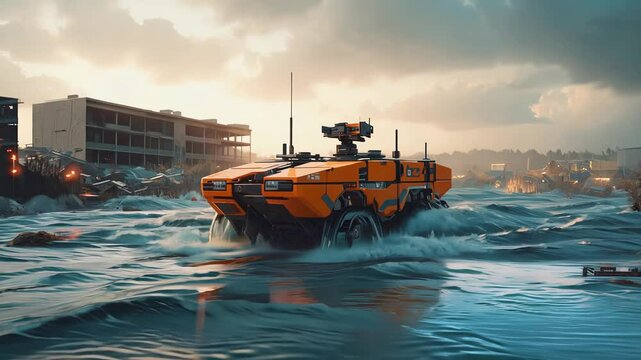 robot car rescuer drives along a flooded street