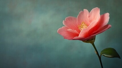 A single pink camellia flower blooms elegantly against a teal background